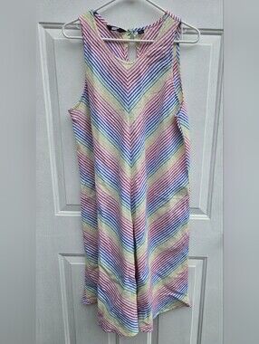 Pastel Chevron Stripe Linen Dress Size L Pockets Boho Festival Resortwear